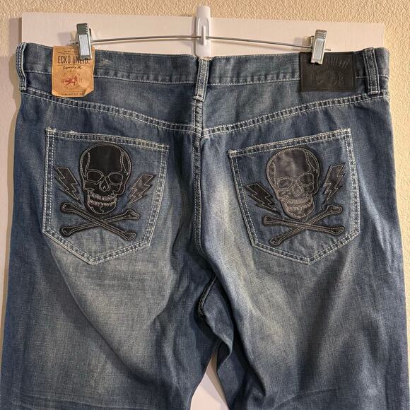 Vintage Ecko Ultd Jeans Mens 42x32 Baggy Y2K Skull Patch Street Retro Grunge - Picture 3 of 10